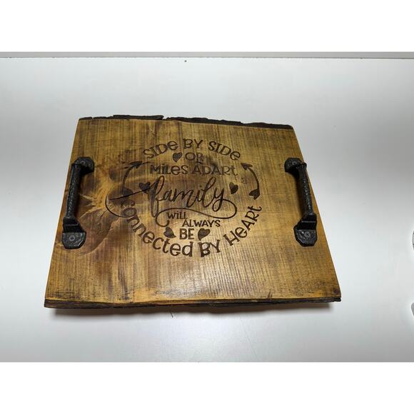 Handmade Primitive Serving Tray with Cast Iron Handles Live Edge 14X11.5X2.5 - Picture 2 of 7